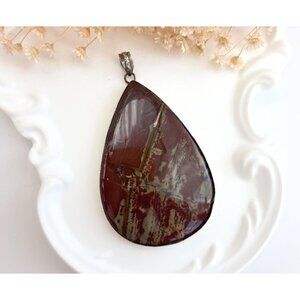 Kaleidescope Burgundy Jasper Teardrop Stone Sterling Silver Vintage Pendant